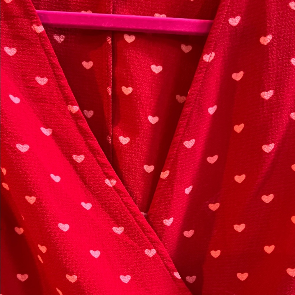 Mi Ami Red Heart Print Wrap Peplum Blouse with Flutter Sleeves Valentine’s Day - Picture 4 of 6